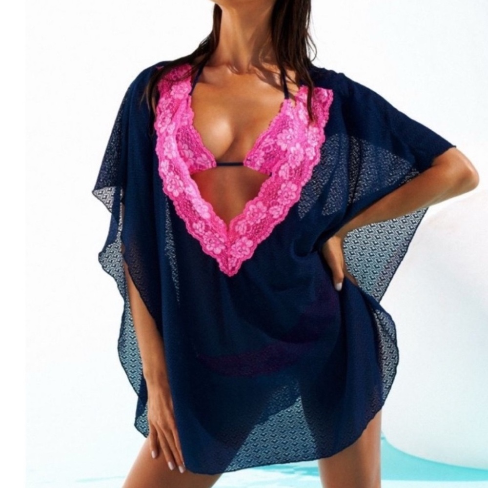 Beach Bunny Blue and Pink Lace Swim Coverup